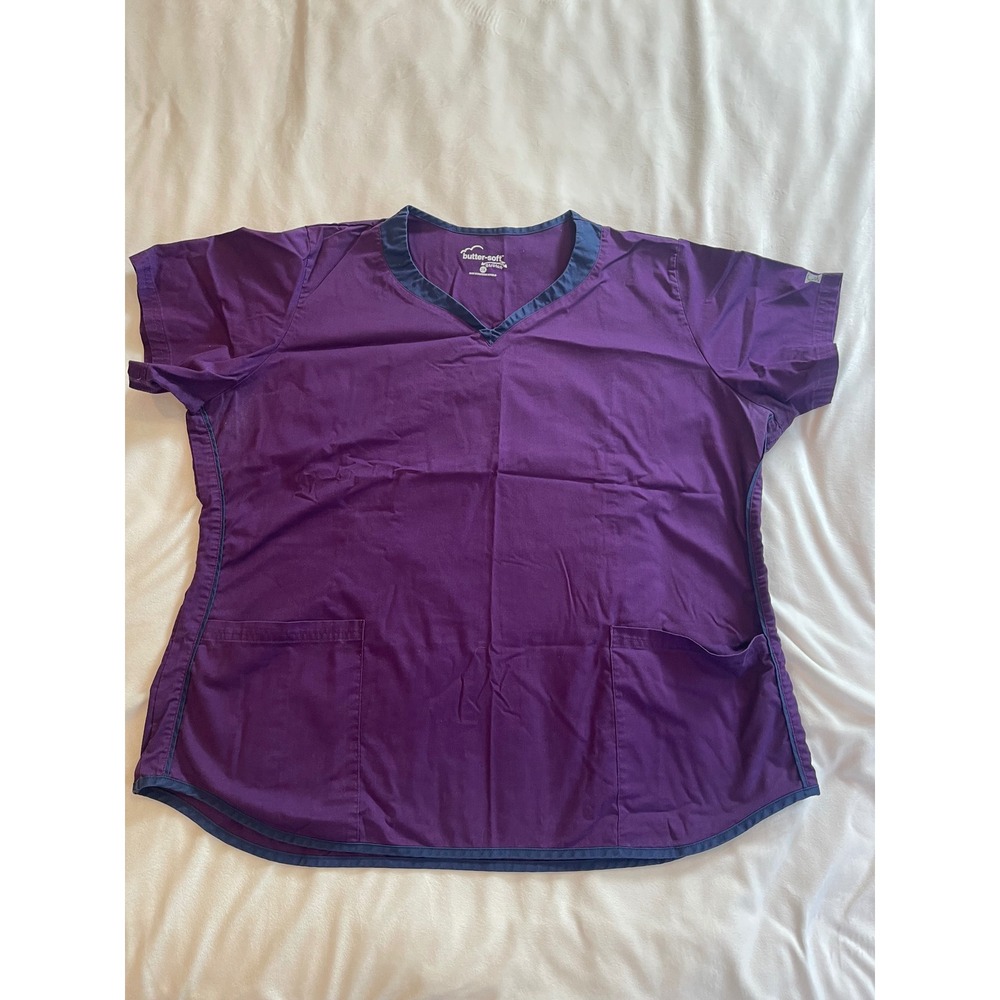 Butter-Soft Stretch Womens Scrub Top 2X Plum Purple Navy Trim V-Neck Pockets
